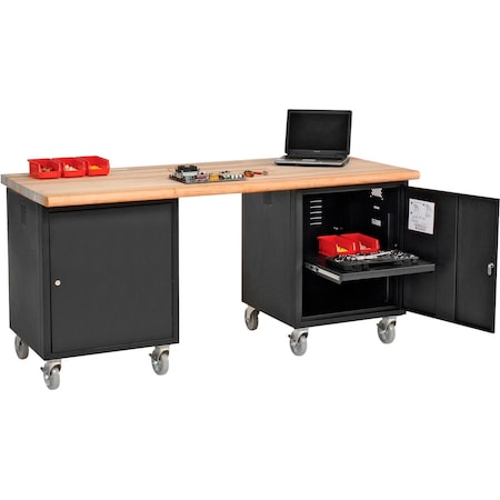 Global Industrial Mobile Pedestal Workbench, 72 x 30in, Maple Butcher Block Safety Edge, Black 318650BK